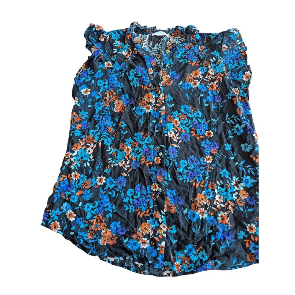Calvin Klein CK Women's blouse button up blue black floral EUC Size Large